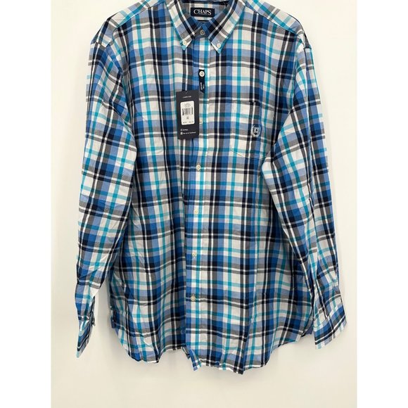 Chaps Performance Easy Care Twill Button Up Shirt Men XXL Blue White Plaid NWT - Picture 3 of 12